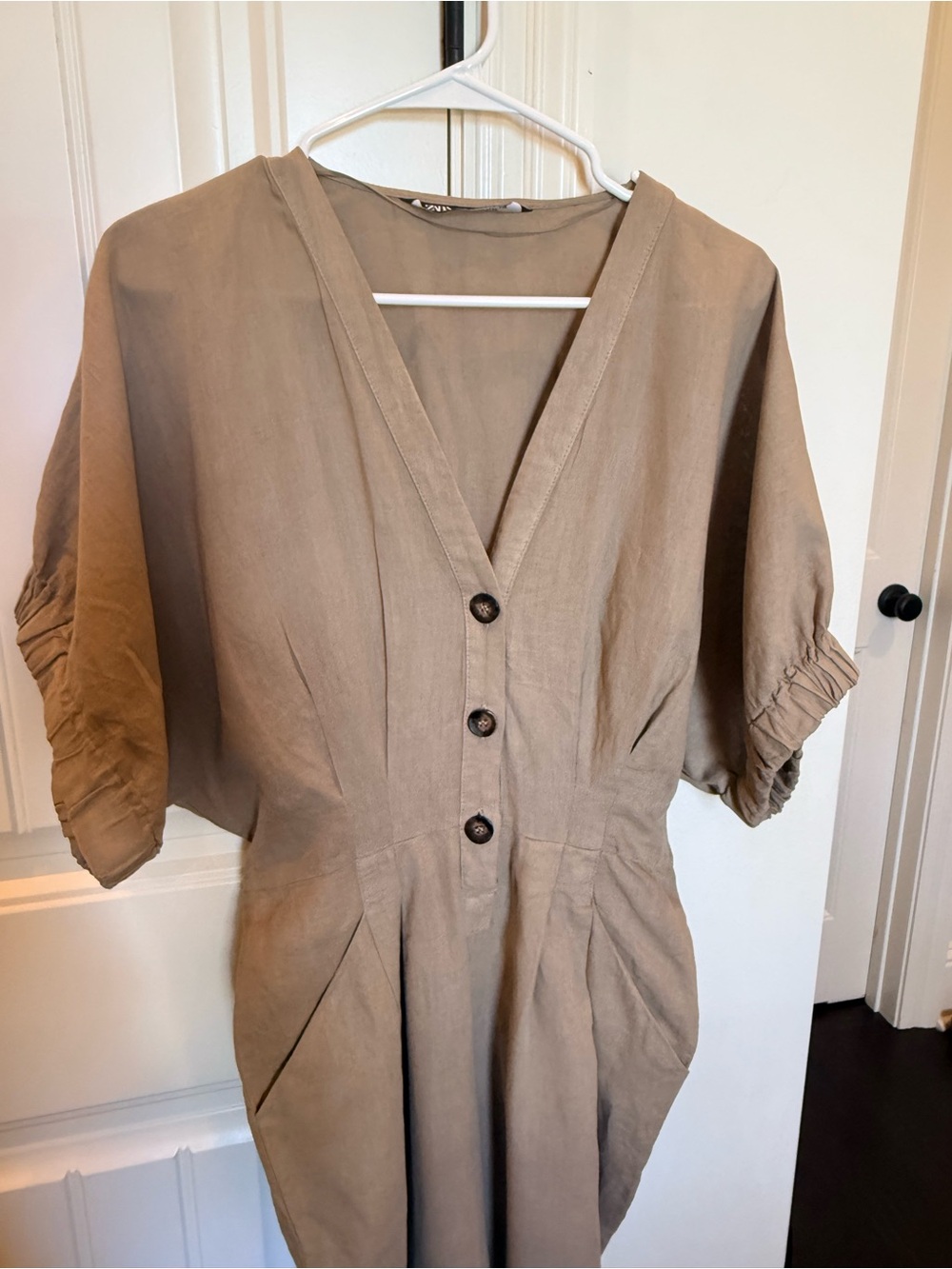 Zara Linen Blend Beige Utility Jumpsuit with Waist Tie - Picture 3 of 6